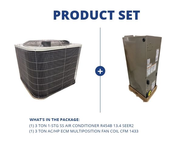 3 Ton 1-Stg SS Air Conditioner R454B 13.4 SEER2 with 3 Ton AC/HP ECM Multiposition Fan Coil CFM 1433