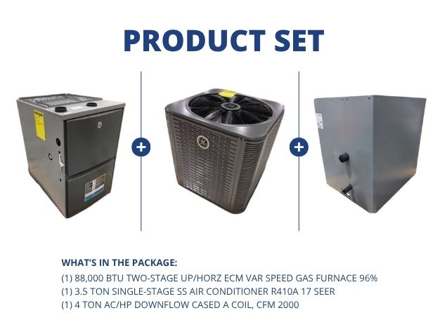 88,000 BTU 2-Stg Up/Horz ECM Gas Furnace 96%, 3.5 Ton AC R410A 17 SEER with 4 Ton Down Cased A Coil