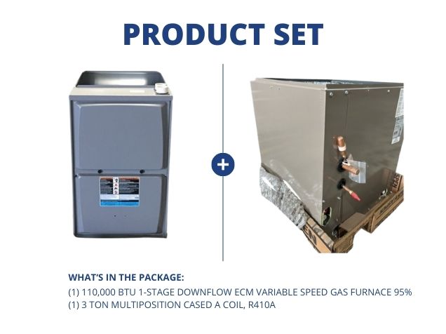 110,000 BTU 1-Stg Downflow ECM Var Spd Gas Furnace 95% and 3 Ton Multiposition Cased A Coil, R410A
