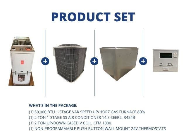 50,000 BTU Up/Horz Gas Furnace 80%, 2 Ton SS AC 14.3 SEER2, 2 Ton Up/Down Cased Coil, 24V Thermostat