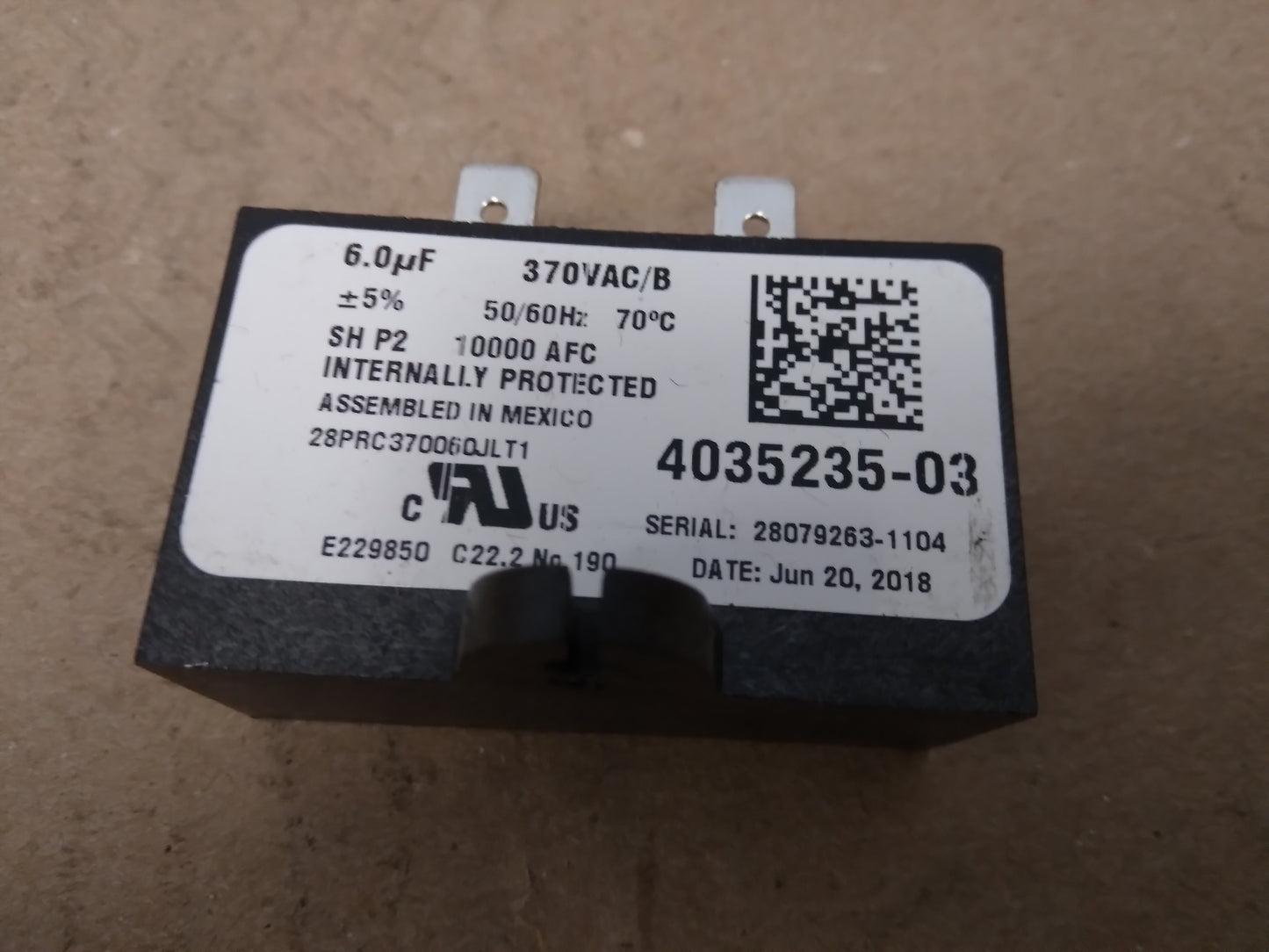 6UF X 370VAC Dry Run Capacitor 50/60 Hz