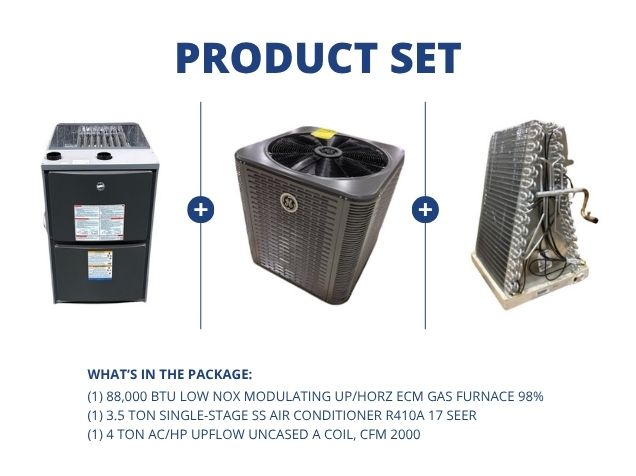 88,000 BTU Low NOx Mod Up/Horz Gas Furnace 98%, 3.5 Ton AC R410A 17 SEER and 4 Ton Up Uncased A Coil