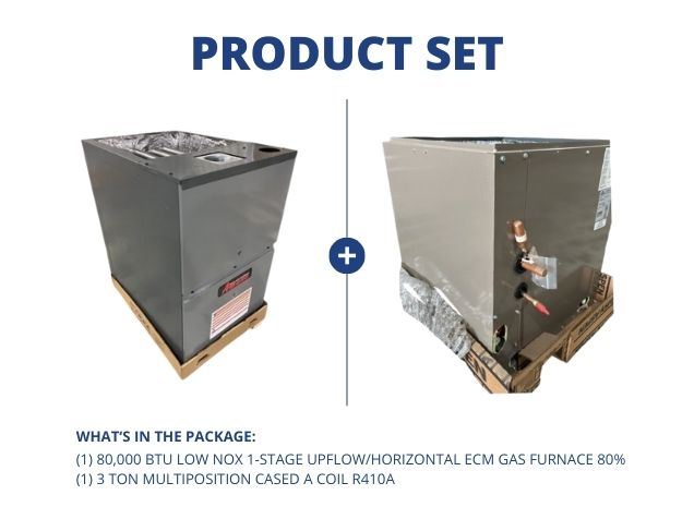 80,000 BTU Low NOx 1-Stg Up/Horz ECM Gas Furnace 80% and 3 Ton Multiposition Cased A Coil R410A