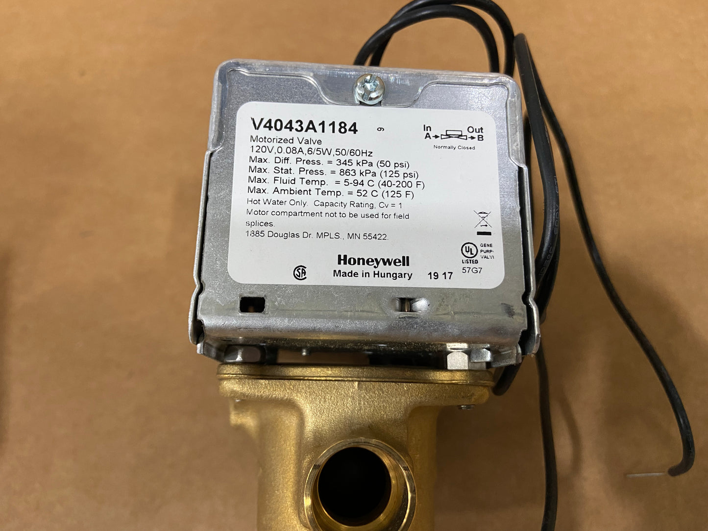 Válvula de zona motorizada de 120 V, de 2 vías, solo agua caliente, 0,08 A, 50-60 Hz