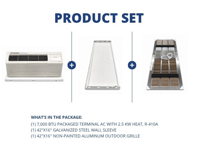7,000 BTU Packaged Terminal AC W/2.5KW Heat, R32, 42"x16" Steel Wall Sleeve, Aluminum Outdoor Grille