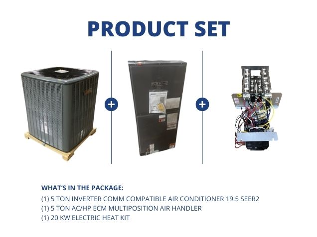 5 Ton Inverter Comm Comp AC 19.5 SEER2, 5 Ton AC/HP ECM Multiposition Air Handler and 20 kW Heat Kit