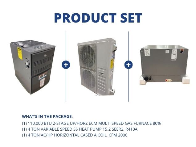 110,000 BTU Up/Horz ECM Gas Furnace 80%, 4 Ton SS Heat Pump 15.2 SEER2 with 4 Ton Horz Cased A Coil
