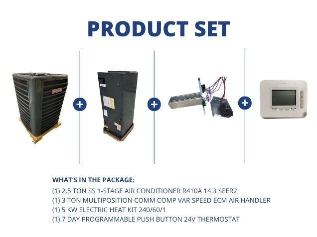 2.5 Ton 1-Stg SS AC 14.3 SEER2, 3 Ton Multi Comm Comp Var Spd Air Handler, 5 kW Heat, 24V Thermostat