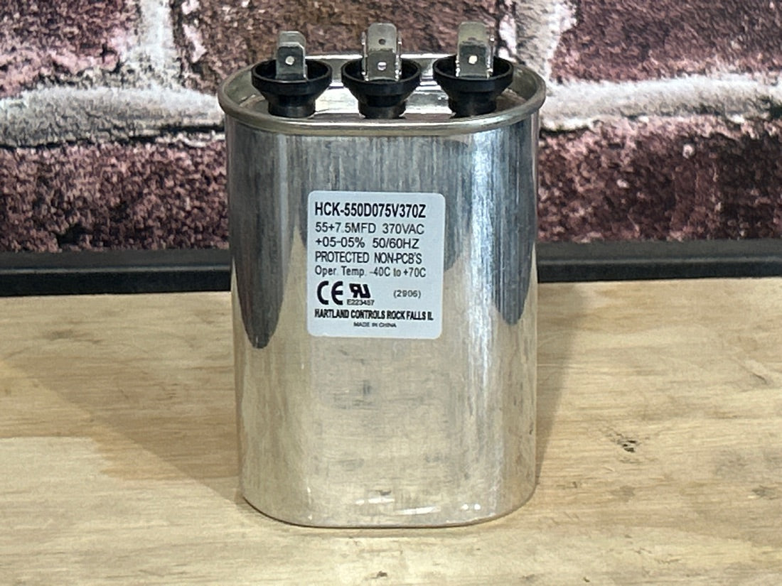 Condensador de funcionamiento doble ovalado de 55+7,5 MFD x 370 V CA
