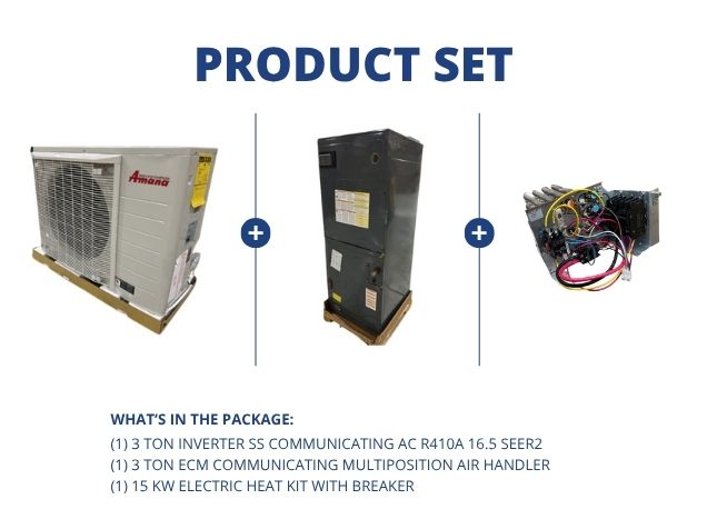 3 Ton Inverter Comm AC R410A 16.5 SEER2, 3 Ton ECM Comm Multi Air Handler and 15KW Heat with Breaker
