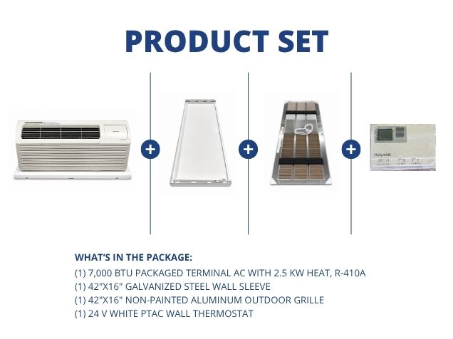 7,000 BTU Packaged Terminal AC W/2.5KW Heat, 42"x16" Wall Sleeve, Aluminum Grille and 24V Thermostat