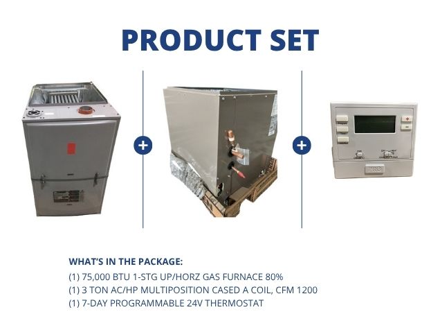 75,000 BTU 1-Stg Up/Horz Gas Furnace 80%, 3 Ton AC/HP Multiposition Cased A Coil with 24V Thermostat