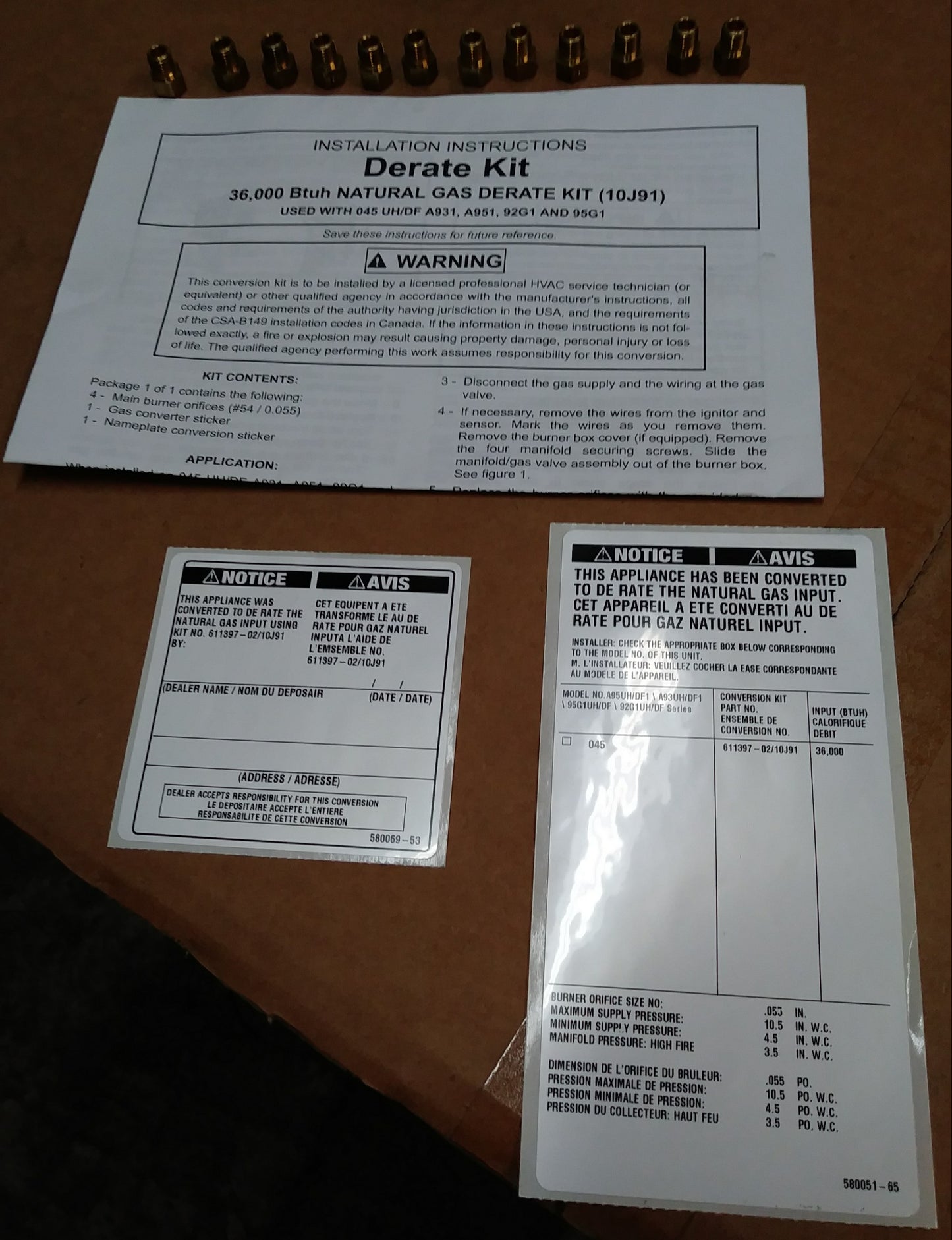 36000 BTUH Natural Gas De-Rate Kit Used W/045 Uh/Df A931, A951, 92G1 And 95G1