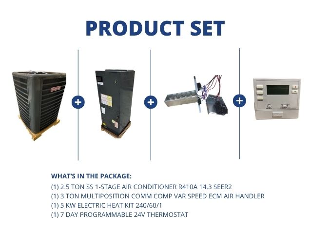 2.5 Ton 1-Stg SS AC 14.3 SEER2, 3 Ton Multi Comm Comp Var Spd Air Handler, 5 kW Heat, 24V Thermostat