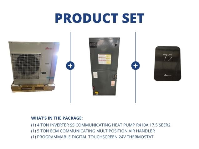 4 Ton Inverter Comm HP R410A 17.5 SEER2, 5 Ton ECM Comm Multiposition Air Handler and 24V Thermostat