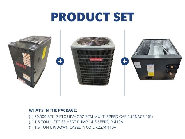 60,000 BTU 2-Stg Up/Horz Gas Furnace 96%, 1.5 Ton SS HP 14.3 SEER2 with 1.5 Ton Up/Down Cased A Coil