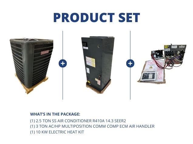 2.5 Ton SS Air Conditioner R410A 14.3 SEER2, 3 Ton Multi Comm Comp ECM Air Handler and 10KW Heat Kit