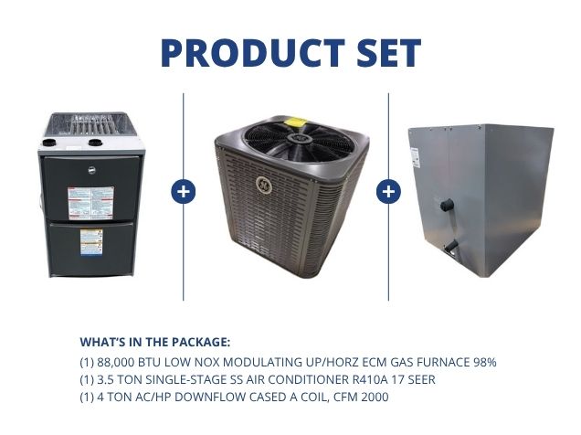 88,000 BTU Low NOx Mod Up/Horz Gas Furnace 98%, 3.5 Ton AC R410A 17 SEER and 4 Ton Down Cased A Coil