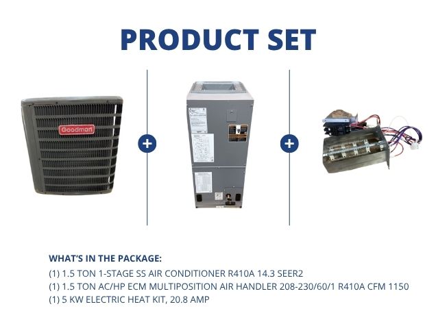 1.5 Ton 1-Stg SS Air Conditioner R410A 14.3 SEER2, 1.5 Ton AC/HP ECM Multi Air Handler with 5Kw Heat