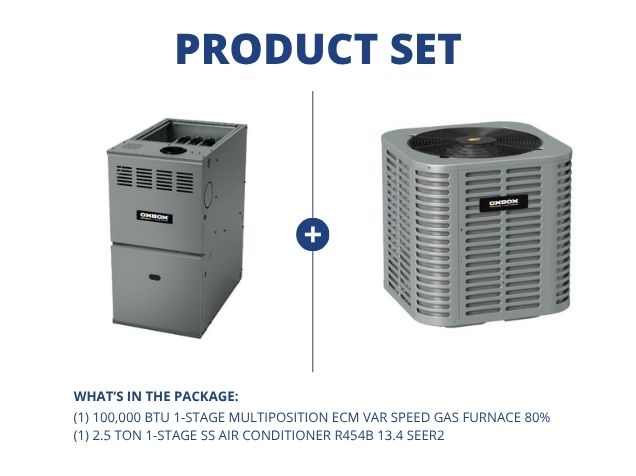 100,000 BTU 1-Stg Multiposition ECM Var Spd Gas Furnace 80% and 2.5 Ton 1-Stg SS AC R454B 13.4 SEER2