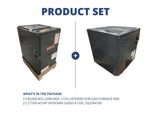 80,000 BTU Low NOx 1-Stg Up/Horz ECM Gas Furnace 96% and 2 Ton AC/HP Up/Down Cased A Coil, R22/R410A