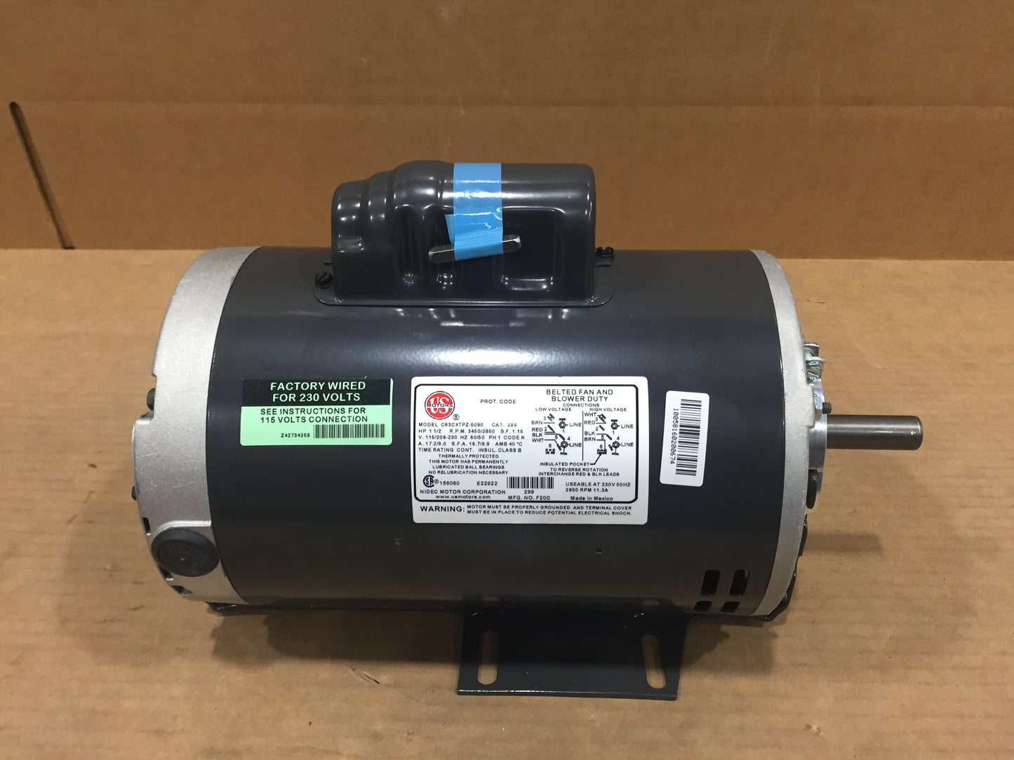 1.5 HP General Purpose Electric Motor; 115/208-230V, 50/60Hz, 1 Phase, 3450 RPM, 1 Speed