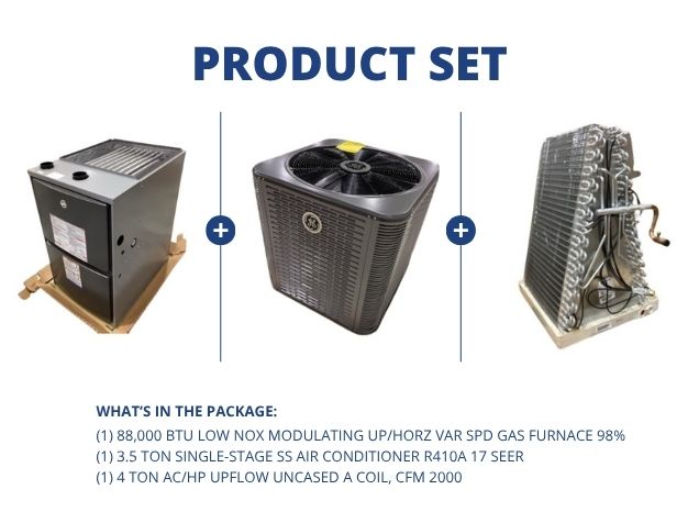 88,000 BTU Low NOx Mod Up/Horz Gas Furnace 98%, 3.5 Ton AC R410A 17 SEER and 4 Ton Up Uncased A Coil