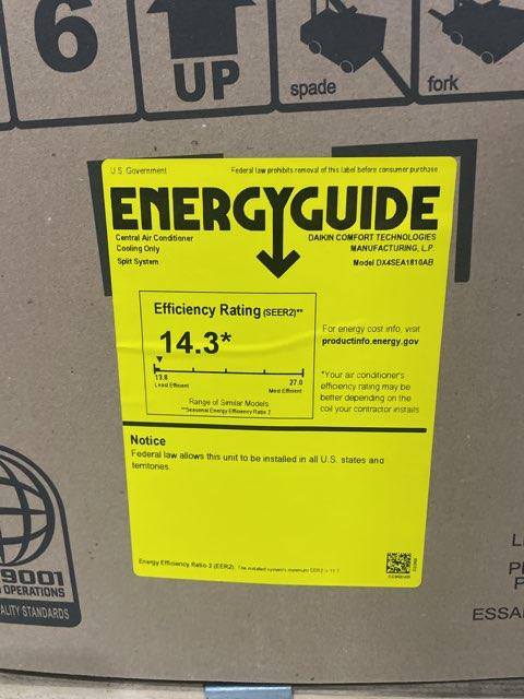 1.5 Ton 1-Stg SS AC R-410A 14.3 SEER2 with 1.5 Ton Up/Down Cased A Coil with Programmable Thermostat
