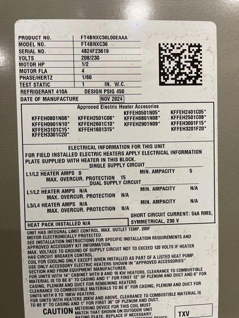 3 Ton AC/HP ECM Multi Fan Coil 208-230/60/1 R-410A CFM 1225 and 8 kW Electric Heat Kit with Breaker