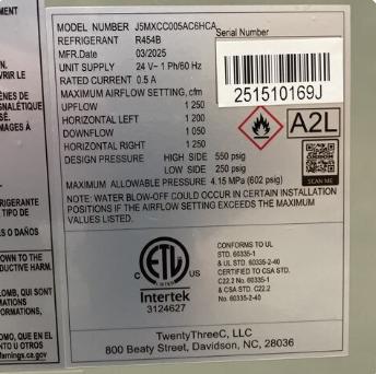100,000 BTU Multi Gas Furnace 80%, 2.5 Ton AC R454B 14.3 SEER2, 1.5-3 Ton Multiposition Cased A Coil