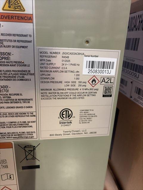 2 Ton 1-Stage SS Air Conditioner R454B 14.3 SEER2 and 1.5-3 Ton AC/HP Up/Down Cased A Coil, CFM 1063