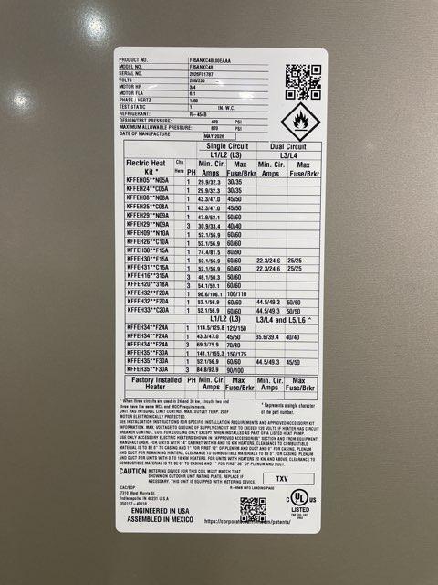4 Ton AC/HP ECM Multiposition Fan Coil 208-230/60/1 R-454B and 20 KW Electric Heat Kit with Breaker