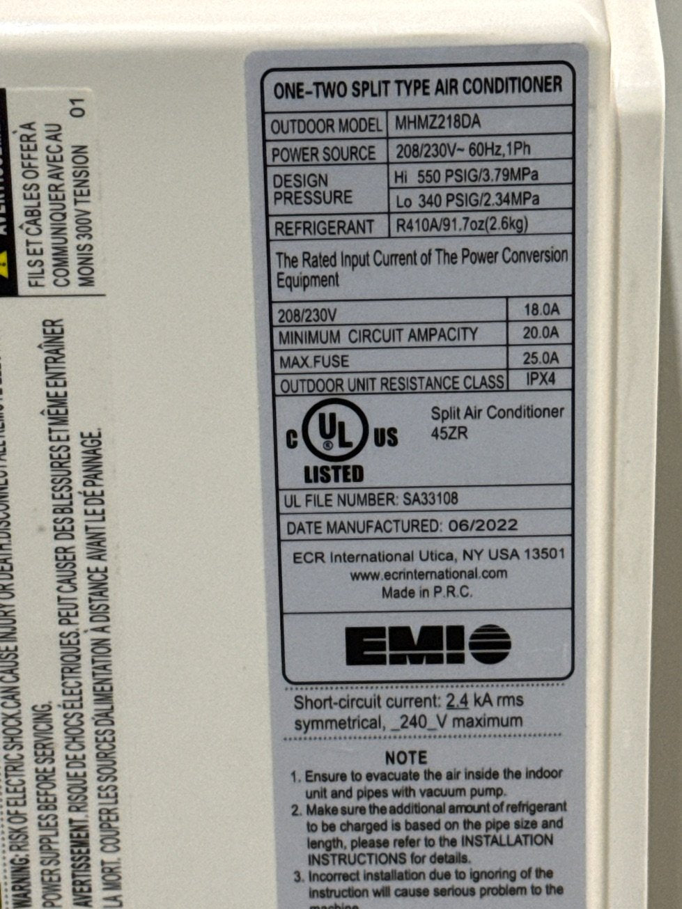 20,000 BTU Dual Zone Inverter Heat Pump Mini Split Set, 22 SEER, 208-230/60/1 R-410A