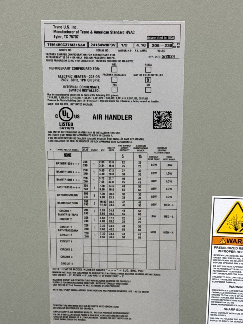 3 Ton AC/HP PSC Multiposition Air Handler 208-230/60/1 R-410A and 15KW Electric Heat Kit w/ Breaker