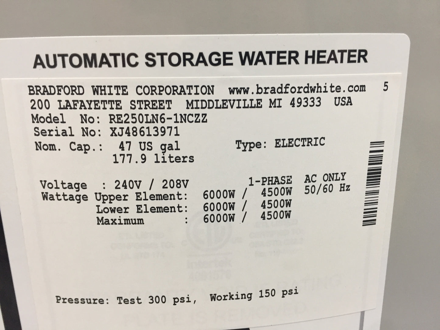 47 GALLON "LOWBOY" ELECTRIC WATER HEATER, 240-208/50-60/1