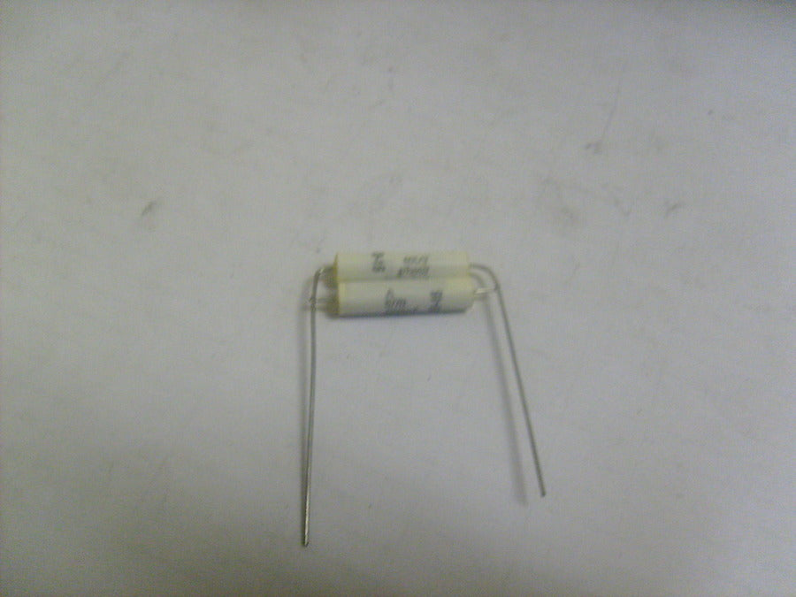 TWO .0348 MFD X 100 VOLTS DC AXIAL  POLYPROPYLENE ELECTRONICS  CAPACITORS  CONNECTED IN  PARALLEL
