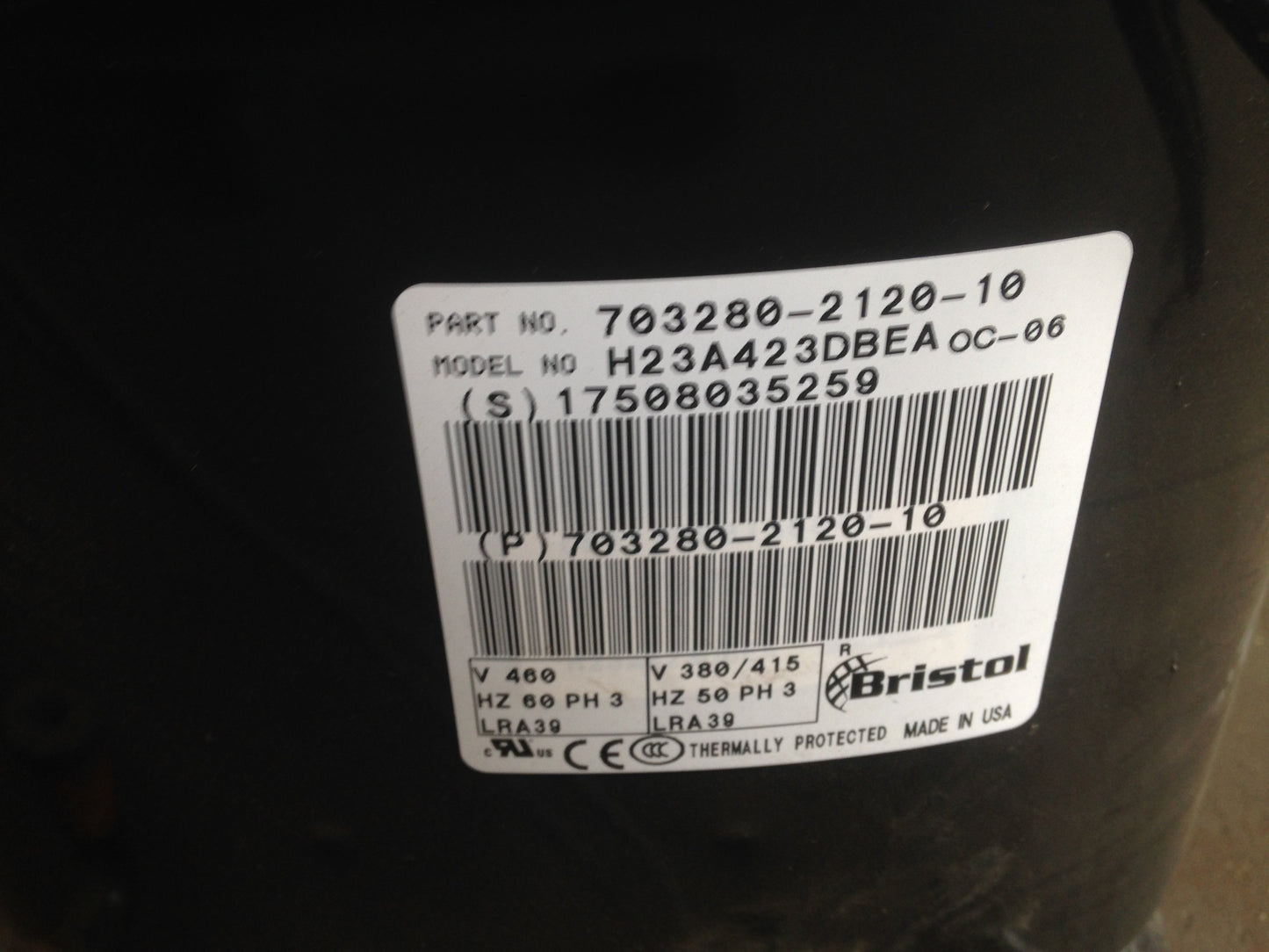 3-1/2 Ton Ac/HP Hermetic Compressor W/Crankcase Heater 380-460/50-60/3 R-22