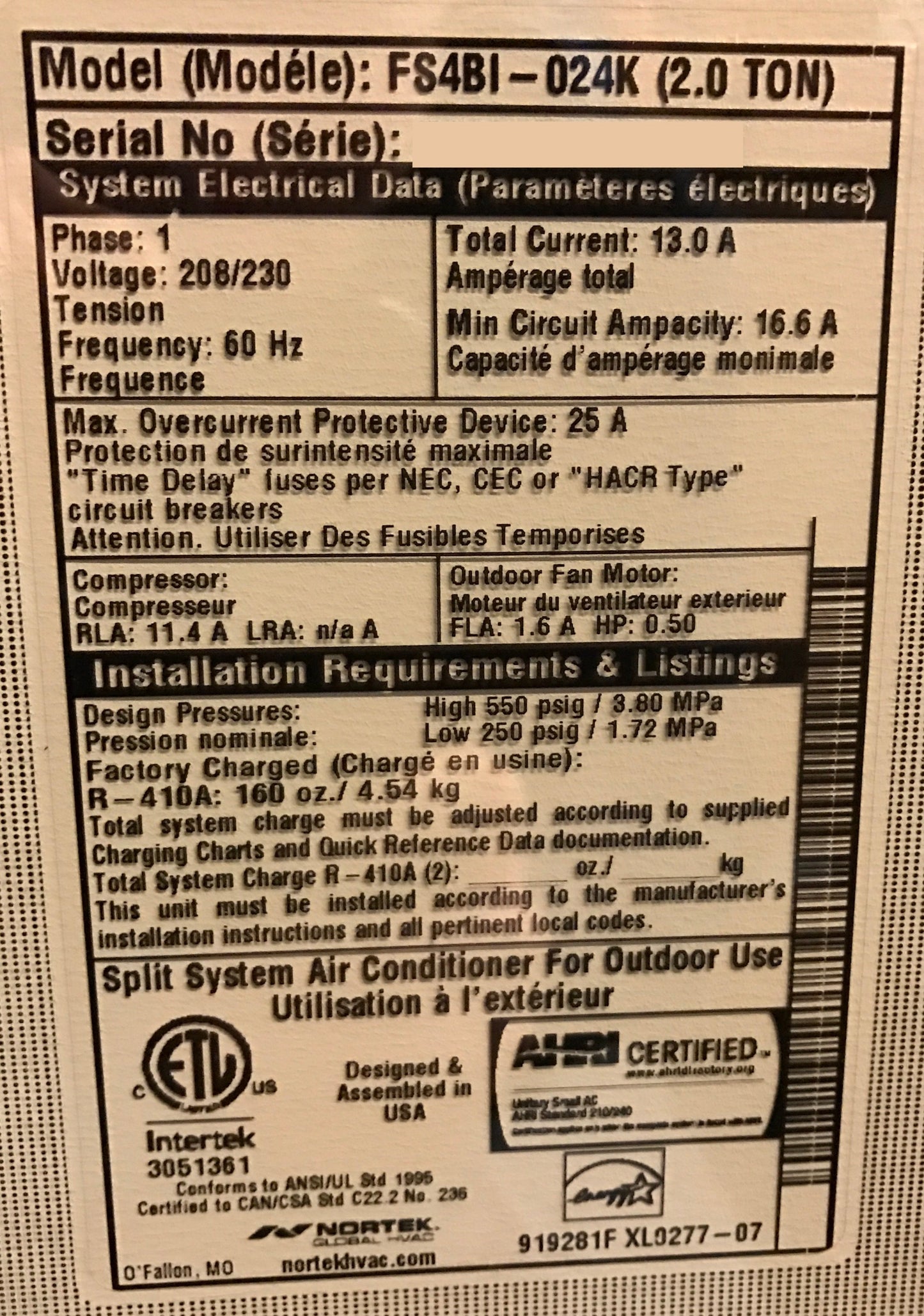 Aire acondicionado de sistema dividido IQ-Drive de 2 toneladas, 24,5 SEER, 208-230/60/1 R-410A