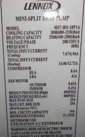 18,000 BTU / 1-1/2 TON SINGLE-ZONE MINI-SPLIT OUTDOOR HEAT PUMP, 18 SEER 208-230/60/1 R-410A