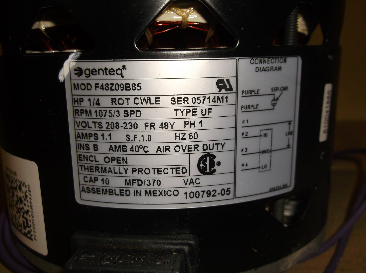 1/4HP Blower Motor 208-230/60/1 RPM 1075/3-Speed