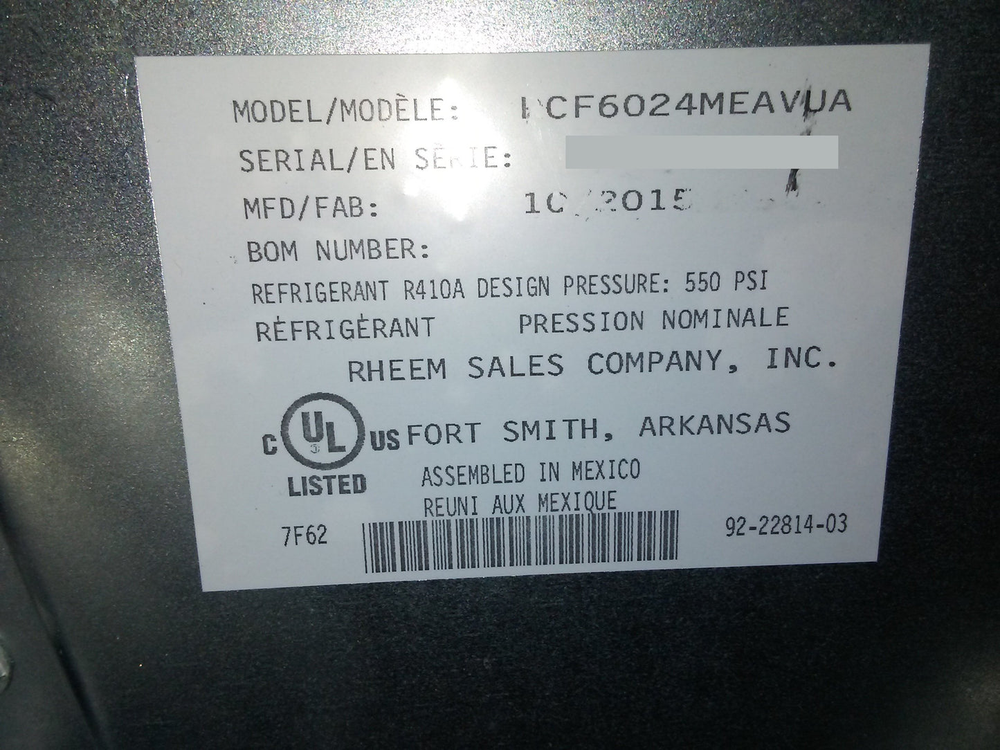 Serpentín N sin carcasa de flujo ascendente de CA/HP de 5 toneladas con R410A