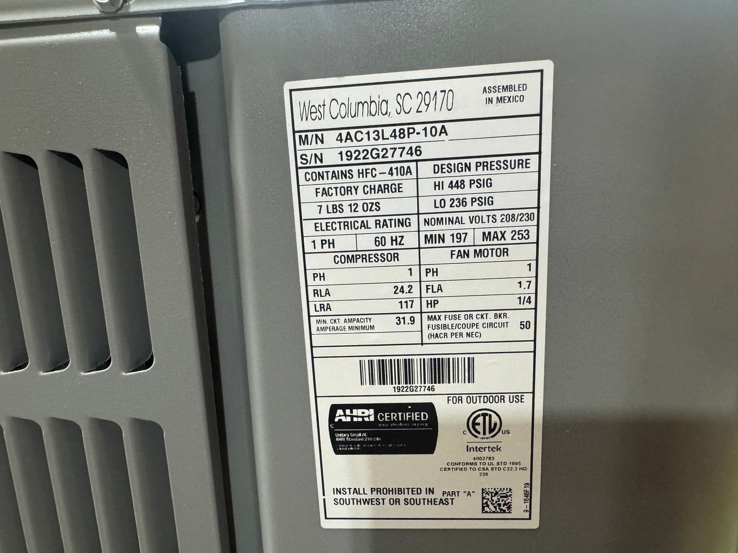 4 Ton Split-System Air Conditioner; 13 SEER, 208-230/60/1 R-410A