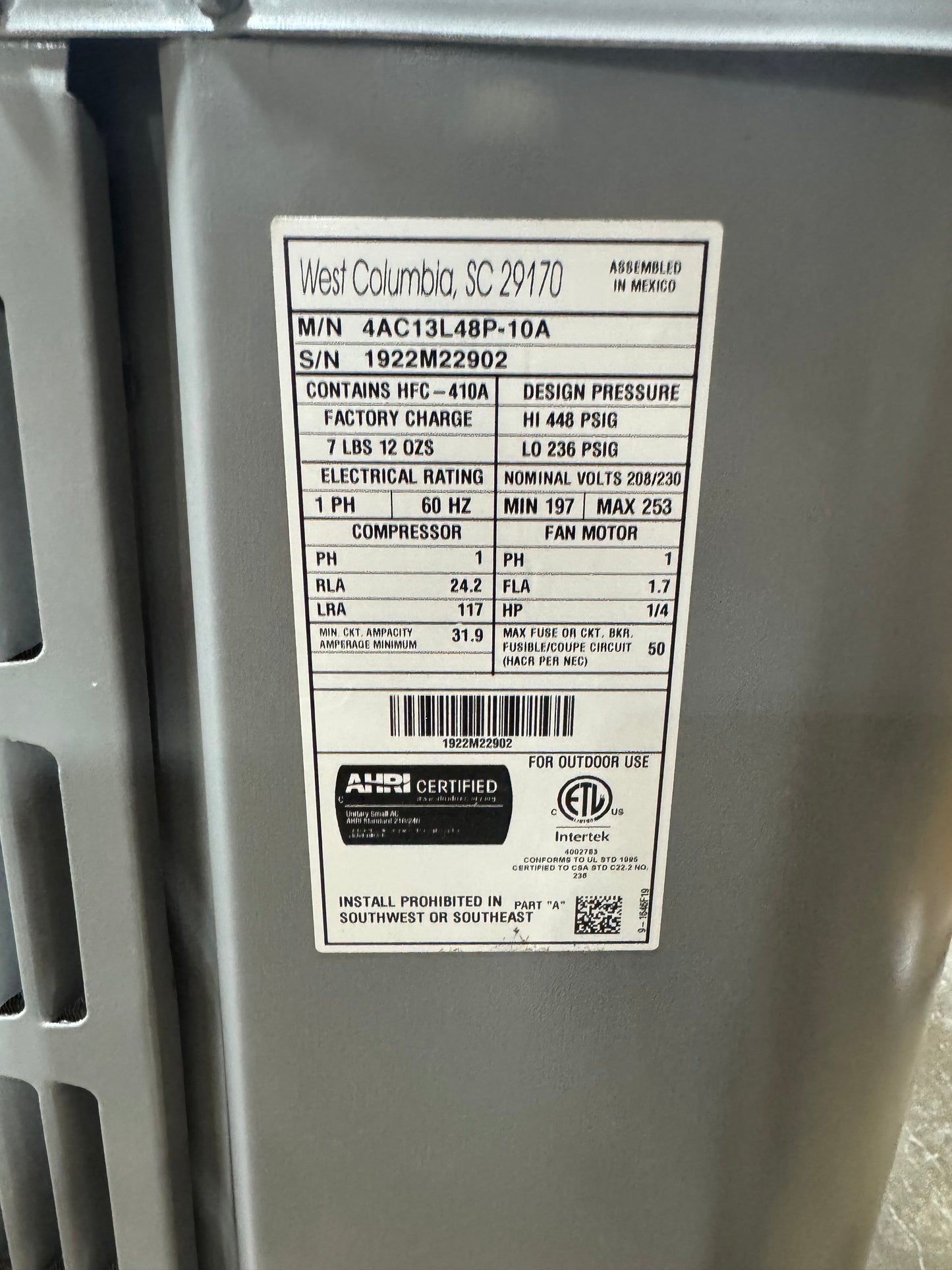 4 Ton Split-System Air Conditioner; 13 SEER, 208-230/60/1 R-410A