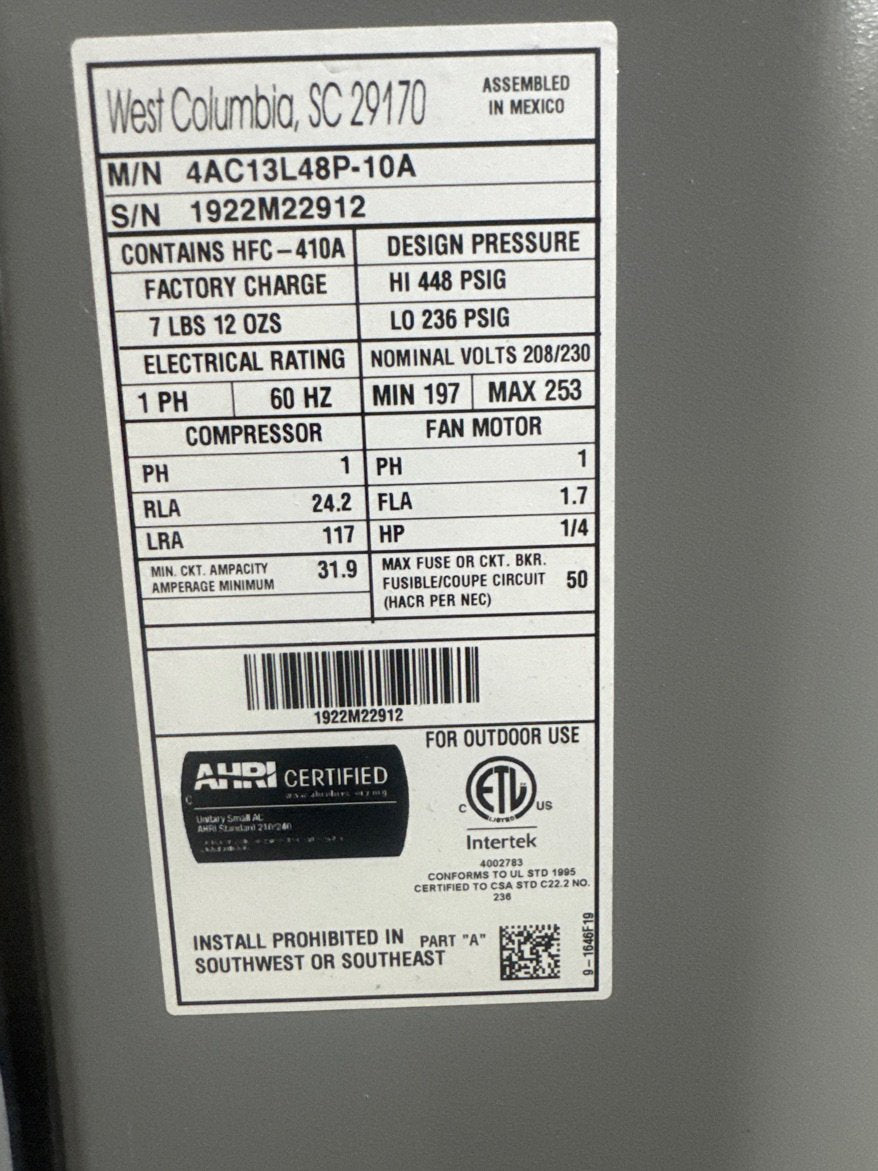 4 Ton Split-System Air Conditioner; 13 SEER, 208-230/60/1 R-410A