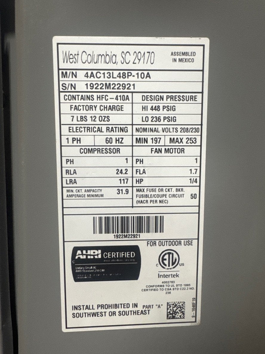 4 Ton Split-System Air Conditioner; 13 SEER, 208-230/60/1 R-410A