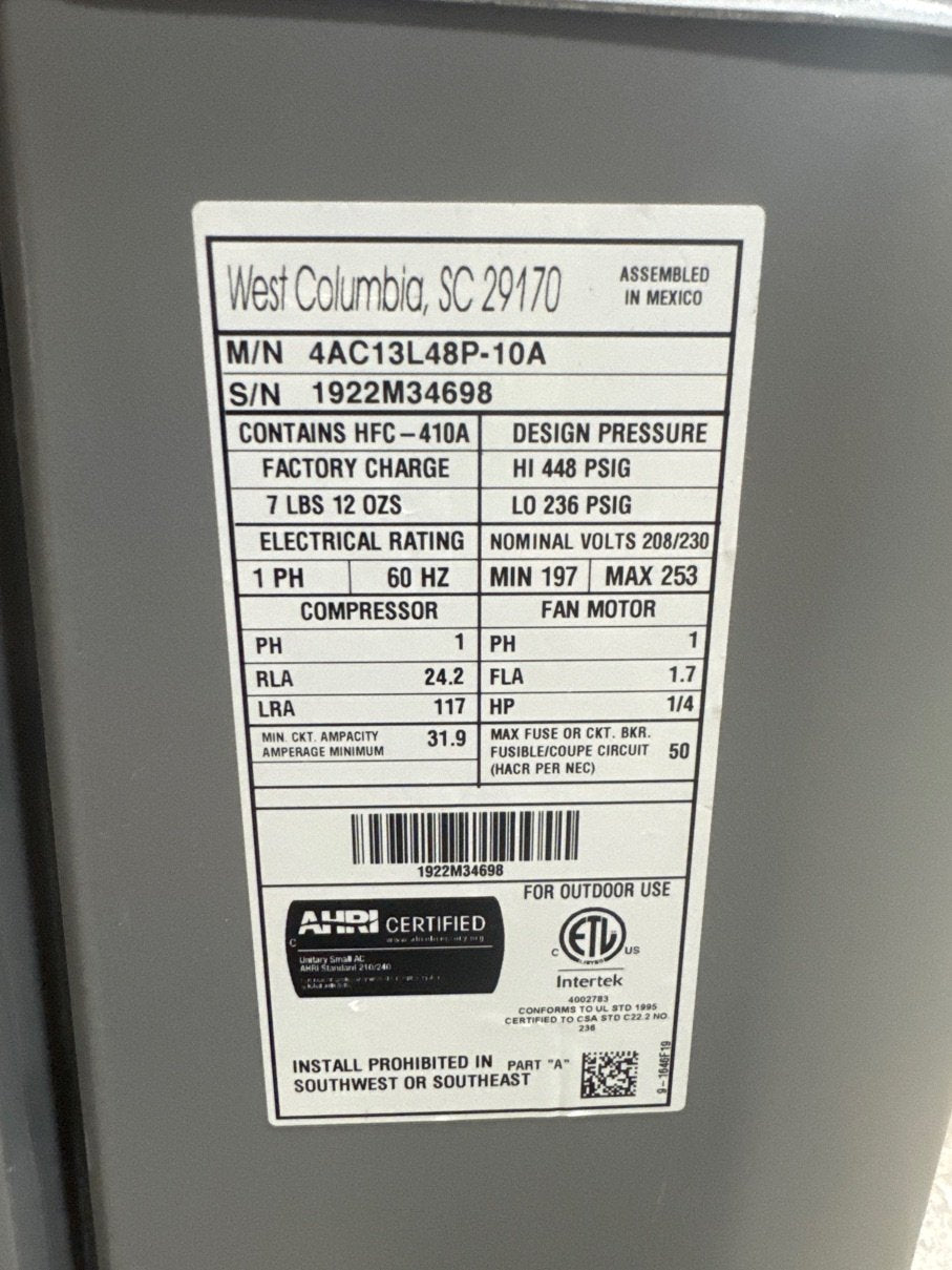 4 Ton Split-System Air Conditioner; 13 SEER, 208-230/60/1 R-410A