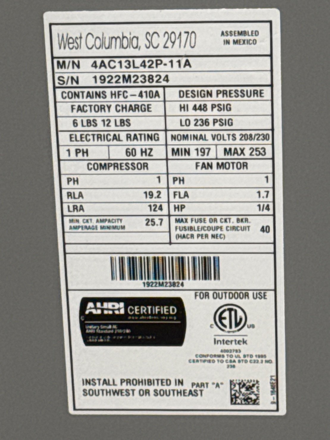 3.5 Ton Split-System Air Conditioner 13 SEER 208-230/60/1 R-410A