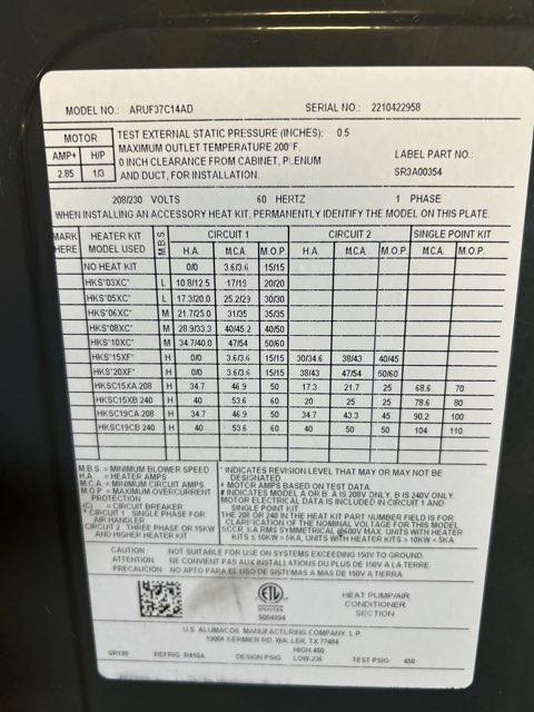 3 Ton AC/HP Multiposition Air Handler 208-230/60/1 R-410A