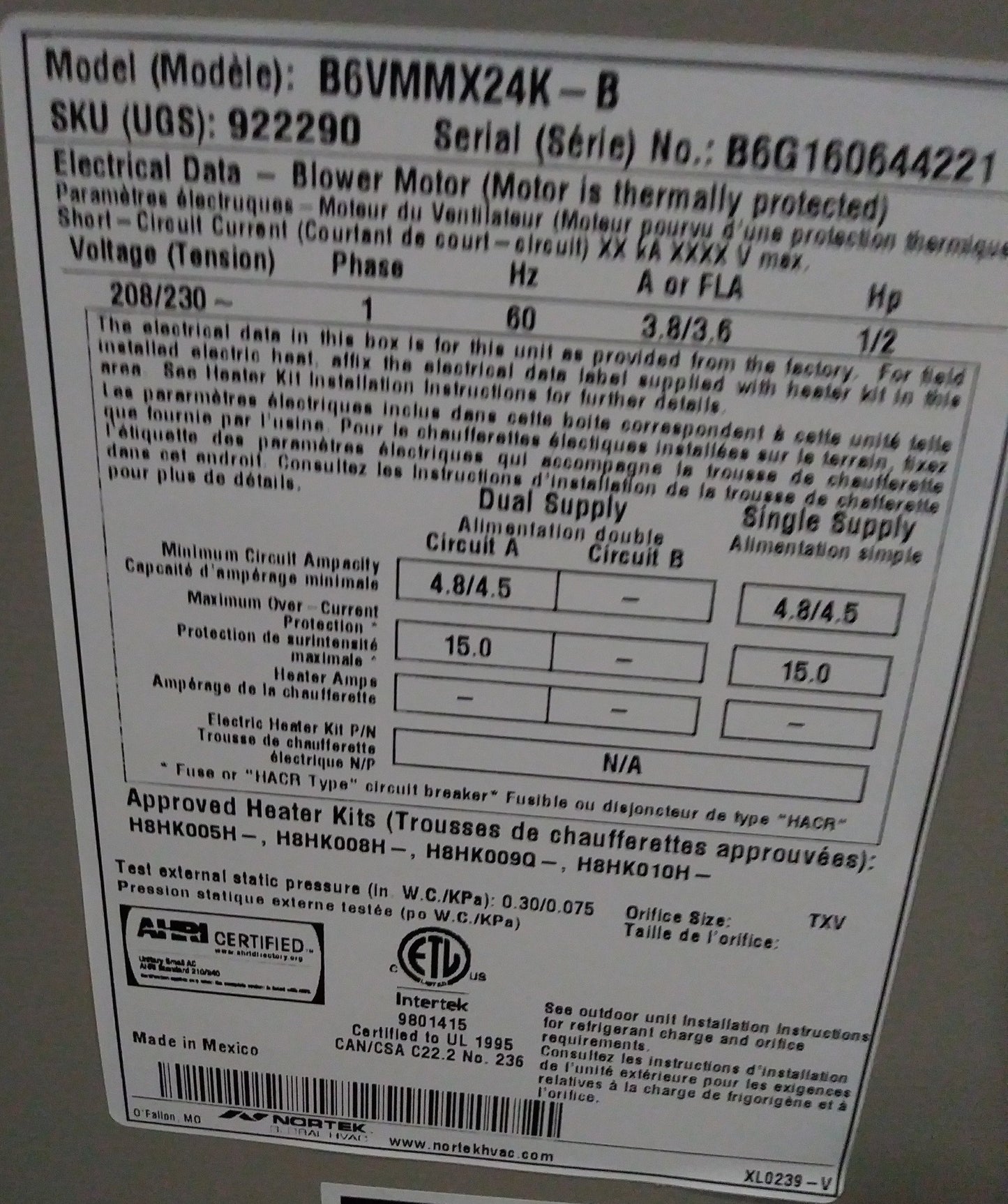 Fan coil multiposición de velocidad variable de CA/HP de 2 toneladas con tecnología de serpentín de microcanal Anteater, 16 SEER
