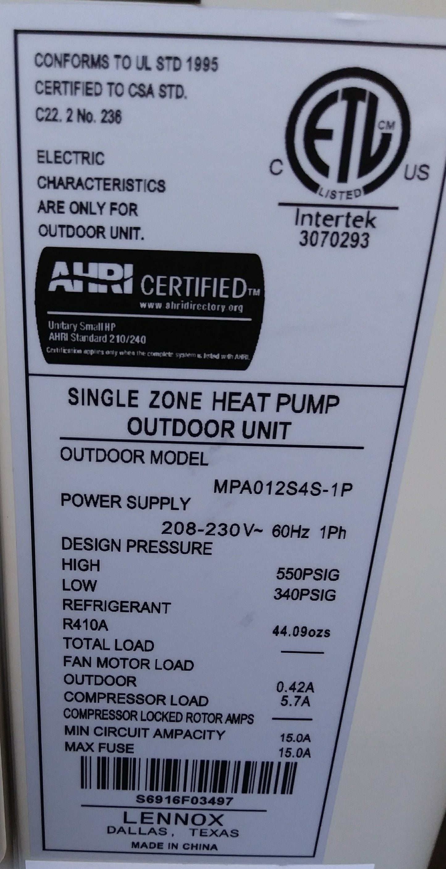 1 Ton Inverter Single-Zone OD/Cassette ID Mini-Split Heat Pump Sert, 20 SEER 208-230/60/1 R-410A
